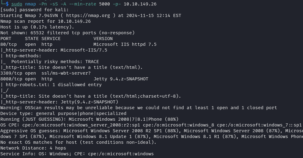 nmap command and results