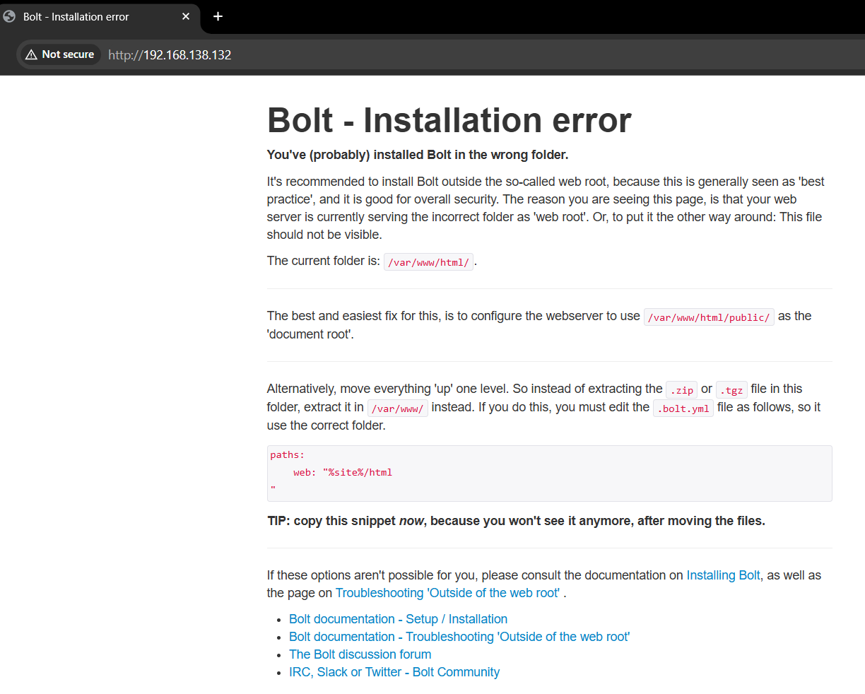 error instalación bolt